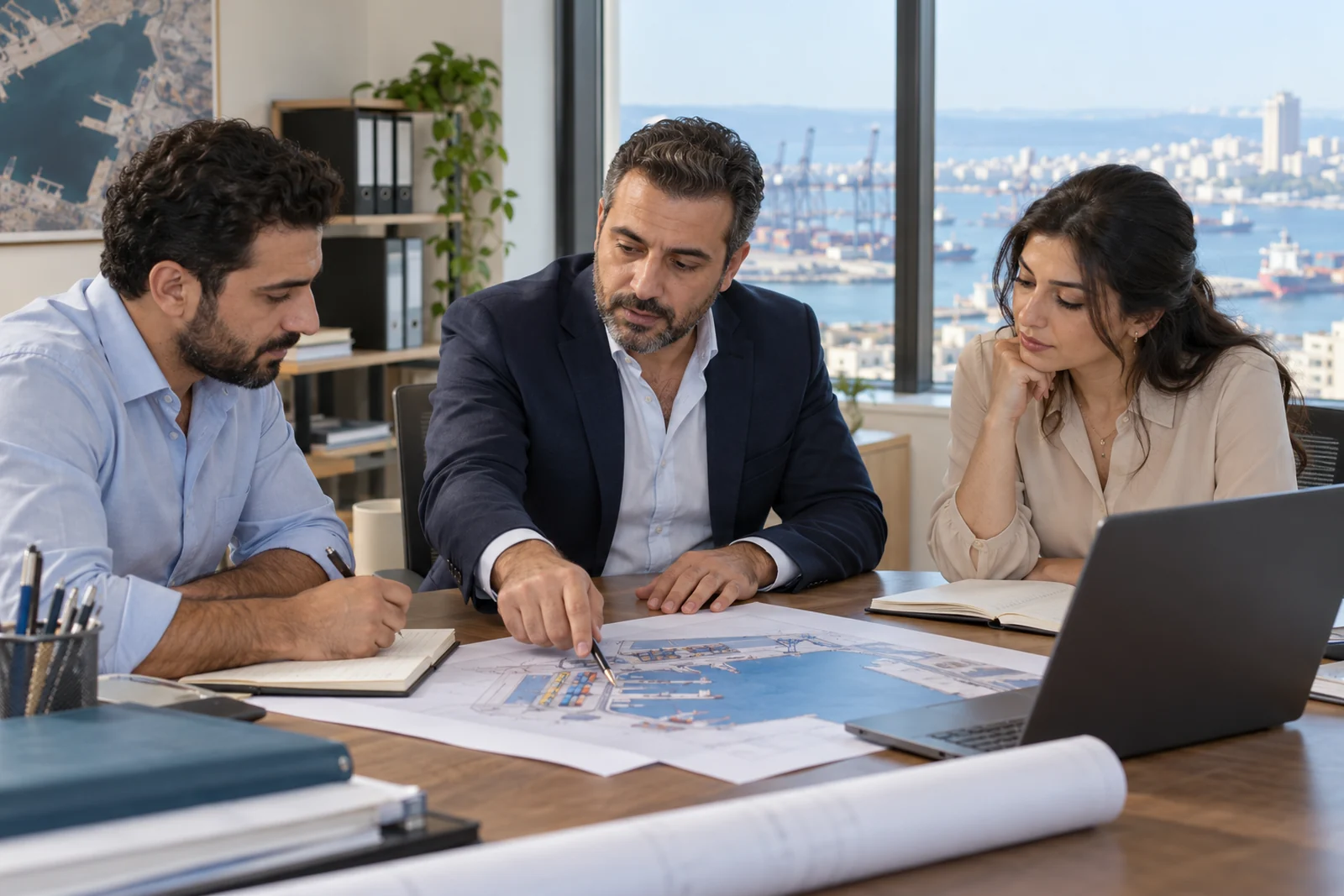 Middle Eastern logistics professionals reviewing a cargo plan