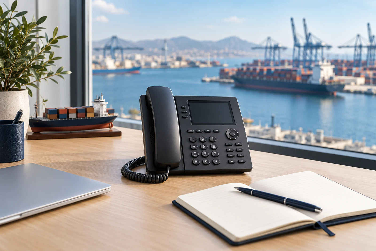 Office telephone and notebook with a cargo harbour in the background