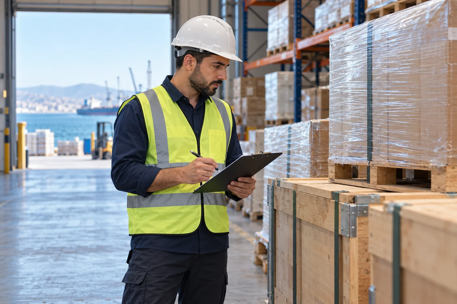Middle Eastern cargo inspector checking a shipment against a clipboard