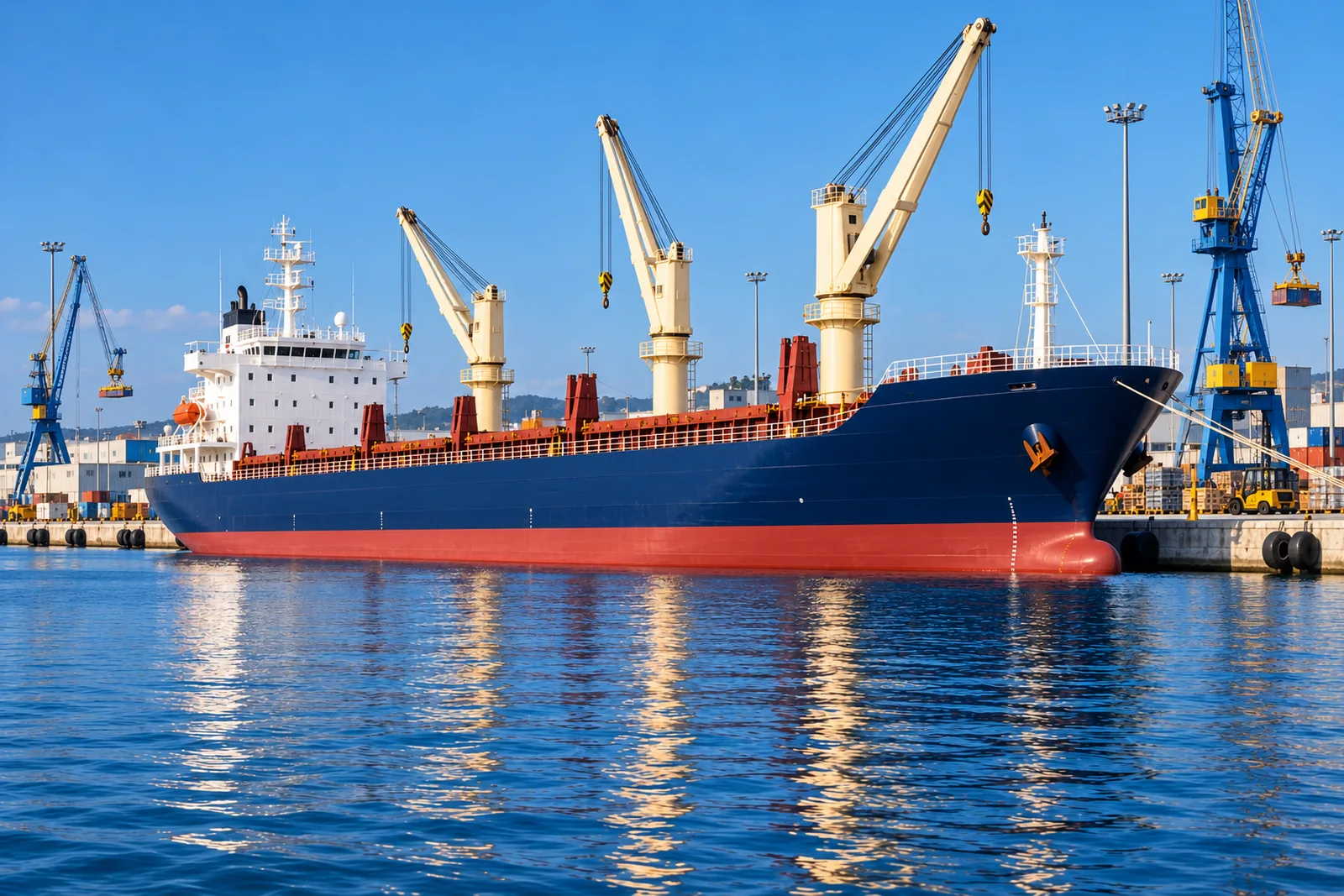Bulk cargo vessel alongside a harbour quay