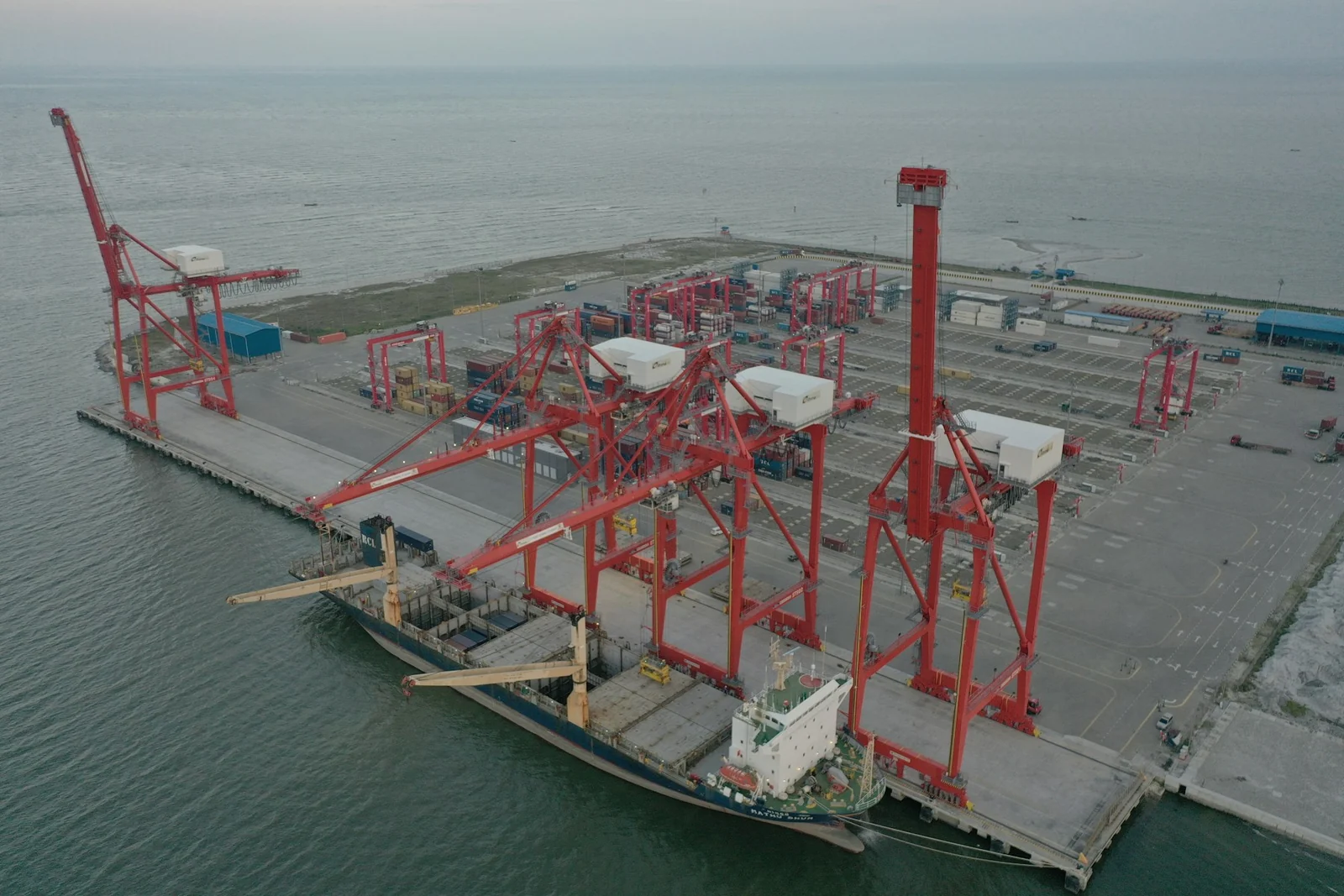 Aerial view of a port and cargo berths