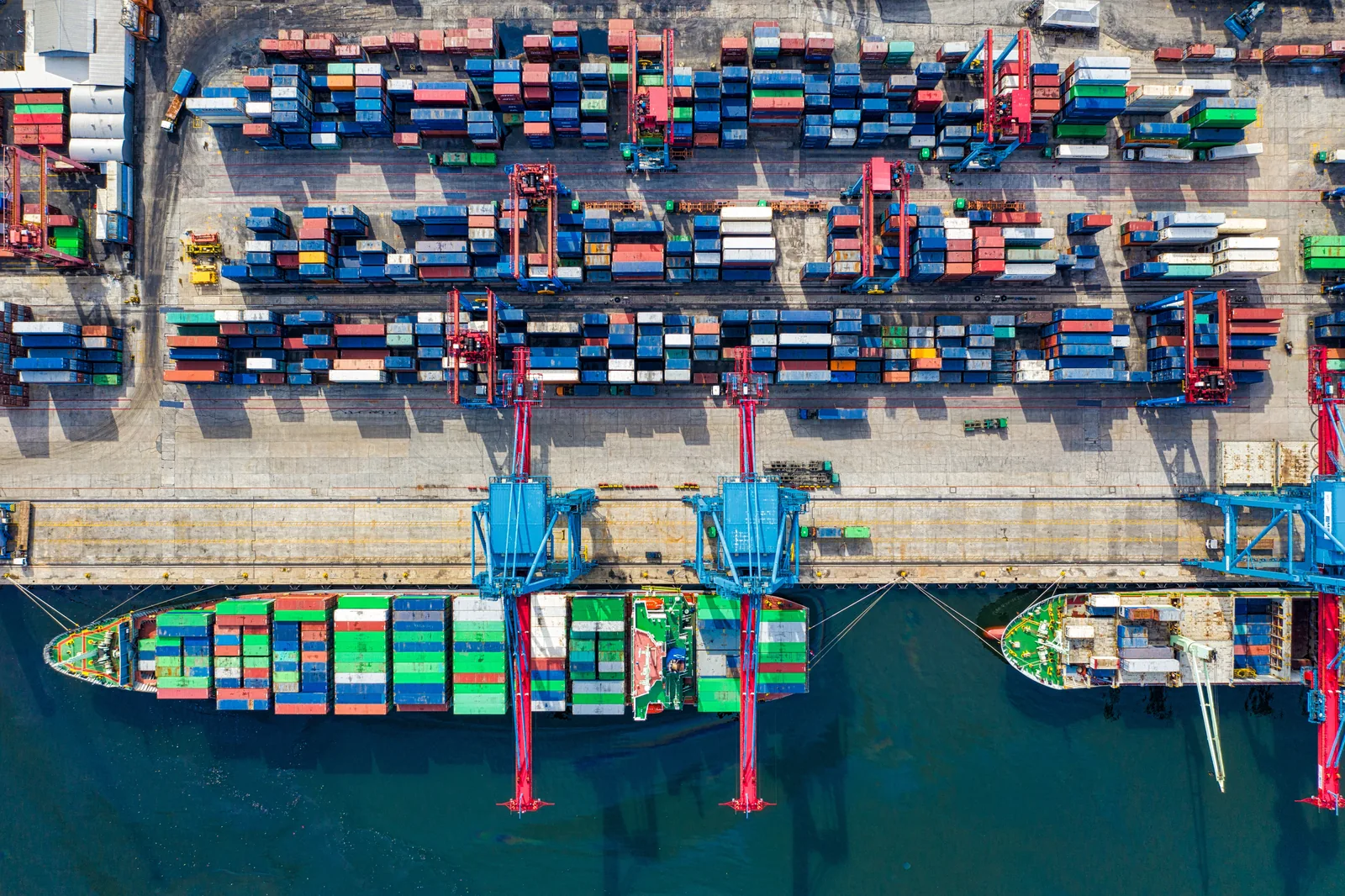 Overhead view of container handling at a cargo terminal